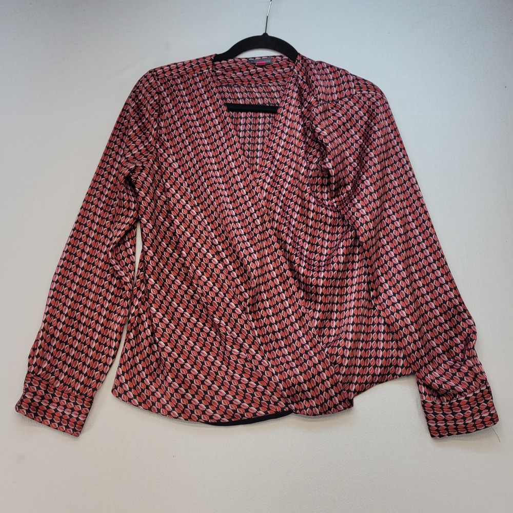 Vince Camuto Blouse Womens S Pink Red Geometric Lip Print Wrap Surplice Top
